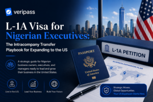 L-1A visa for Nigerian executives showing a U.S. skyline, founder’s passport, petition binder, and business plan