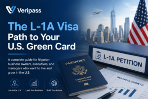 L-1A visa for Nigerian executives showing a U.S. skyline, founder’s passport, petition binder, and business plan