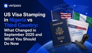 US visa stamping in Nigeria vs third country with US and Nigerian flags, passport, and approved visa stamp