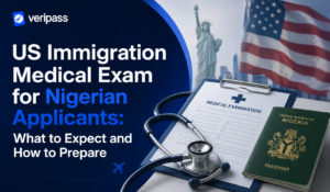 US immigration medical exam for Nigerian applicants with a stethoscope, a medical clipboard, and a Nigerian passport.
