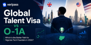 Nigerian tech founder reviewing UK Global Talent Visa and US O-1A visa documents side by side