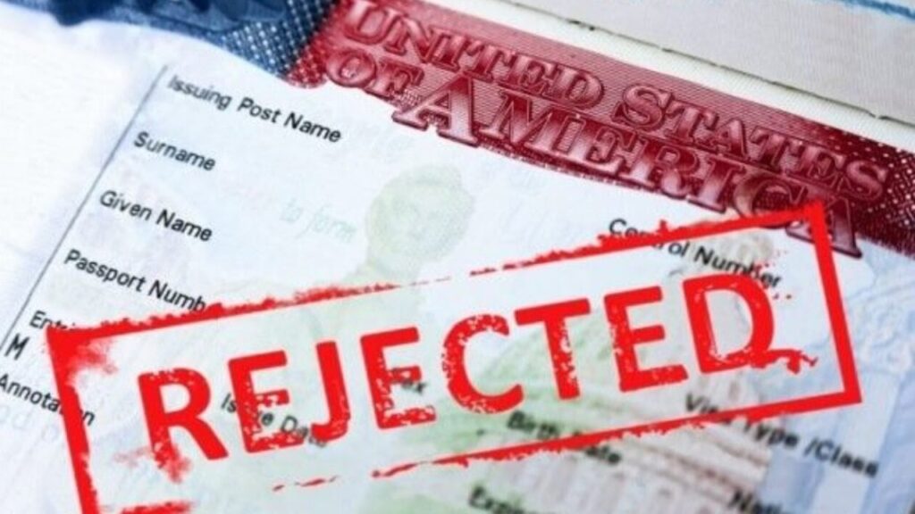 US visa application page with a red rejected stamp across it 